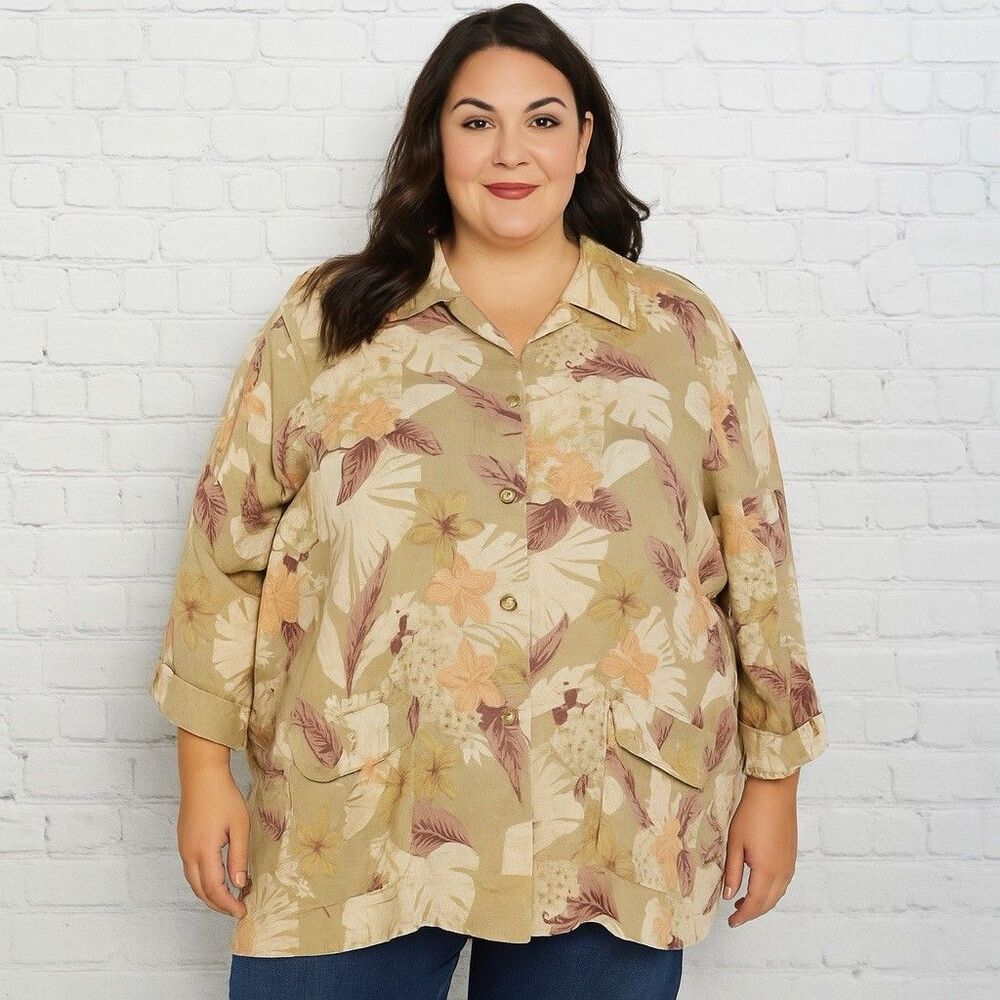 Vintage Hawaiian Floral Shirt Plus Size 24 Relaxed Linen Tropical Resort Blouse